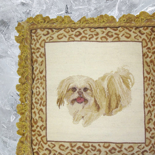 Handmade Wool Needlepoint Pillow Cover - Decorative Throw Cushion Cover - Vintage Floral Embroidery Design playfully Shih-Tzu with animal print frame 2 color tassels