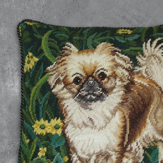 Handmade Wool Needlepoint Pillow Cover - Decorative Throw Cushion Cover - Vintage Floral Embroidery Design white Pekingness green cording