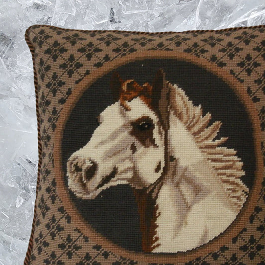 Handmade Wool Needlepoint Pillow Cover - Decorative Throw Cushion Cover - Vintage Floral Embroidery Design white horse head brown cording