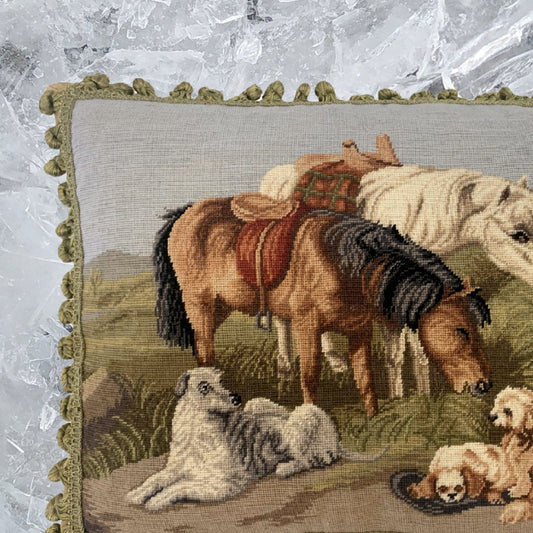 Handmade Wool Needlepoint Pillow Cover - Decorative Throw Cushion Cover - Vintage Floral Embroidery Design Horses & Dogs with 2 color tassels
