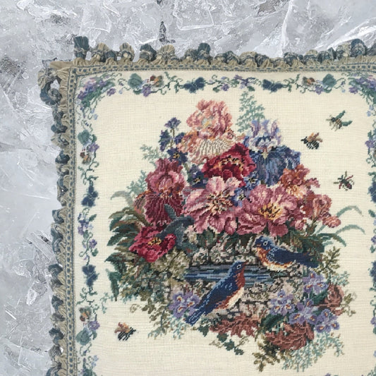 Handmade Wool Needlepoint Pillow Cover - Decorative Throw Cushion Cover - Vintage Floral Embroidery Design blue birds with tassel