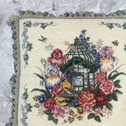 Handmade Wool Needlepoint Pillow Cover - Decorative Throw Cushion Cover - Vintage Floral Embroidery Design yellow birds with tassel