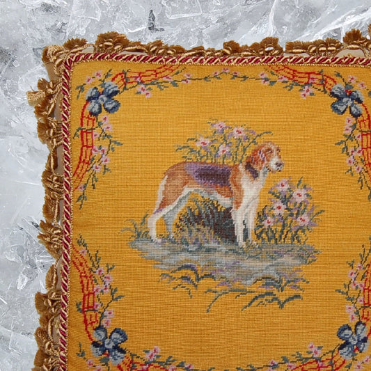Handmade Wool Needlepoint Pillow Cover - Decorative Throw Cushion Cover - Vintage Floral Embroidery Design dog with gold tassel