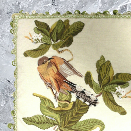 Handmade Wool Needlepoint Pillow Cover - Decorative Throw Cushion Cover - Vintage Floral Embroidery Design bird & dogwood with 2 color tassel