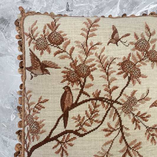 Handmade Wool Needlepoint Pillow Cover - Decorative Throw Cushion Cover - Vintage Floral Embroidery Design antique tree swallows butterfliers with tassels 1