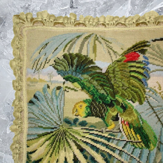 Handmade Wool Needlepoint Pillow Cover - Decorative Throw Cushion Cover - Vintage Floral Embroidery Design one parrot