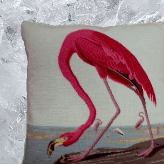 Handmade Wool Needlepoint Pillow Cover - Decorative Throw Cushion Cover - Vintage Floral Embroidery Design ancient Flamingo with cording