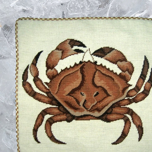 Handmade Wool Needlepoint Pillow Cover - Decorative Throw Cushion Cover - Vintage Floral Embroidery Design brown crab with cording