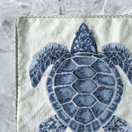 Handmade Wool Needlepoint Pillow Cover - Decorative Throw Cushion Cover - Vintage Floral Embroidery Design dark blue sea turtle cording