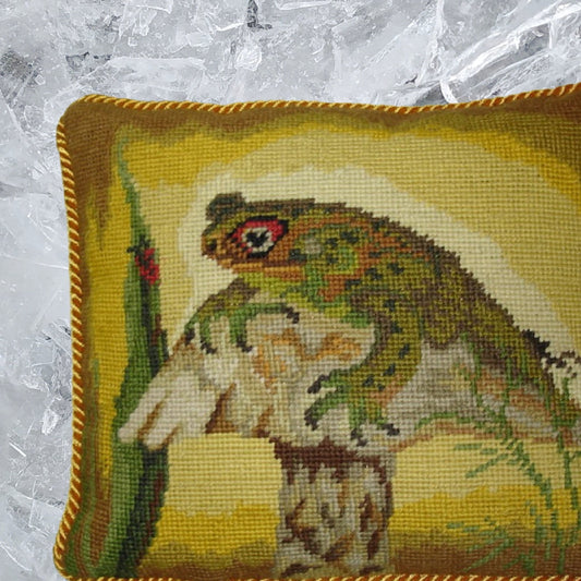 Handmade Wool Needlepoint Pillow Cover - Decorative Throw Cushion Cover - Vintage Floral Embroidery Design Frog on the mushroom with gold cording