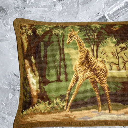 Handmade Wool Needlepoint Pillow Cover - Decorative Throw Cushion Cover - Vintage Floral Embroidery Design All Giraffe