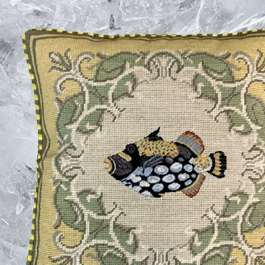 Handmade Wool Needlepoint Pillow Cover - Decorative Throw Cushion Cover - Vintage Floral Embroidery Design tropical fish-marbled grouper yellow frame checker cording