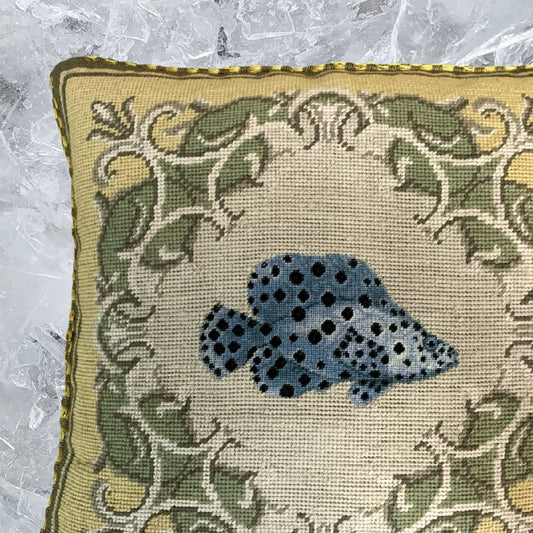 Handmade Wool Needlepoint Pillow Cover - Decorative Throw Cushion Cover - Vintage Floral Embroidery Designtropical fish-Clown Trigger yellow frame checker cording