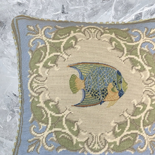 Handmade Wool Needlepoint Pillow Cover - Decorative Throw Cushion Cover - Vintage Floral Embroidery Designtropical fish-Queen Angel blue frame checker cording