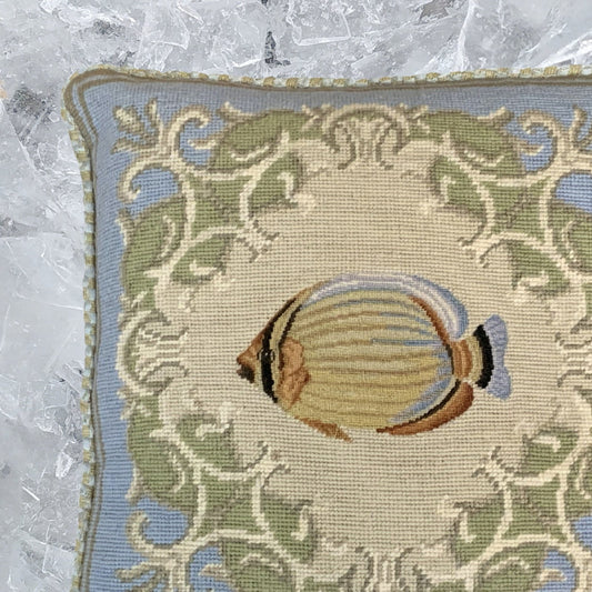Handmade Wool Needlepoint Pillow Cover - Decorative Throw Cushion Cover - Vintage Floral Embroidery Design tropical fish-reef butterflyfish blue frame checker cording