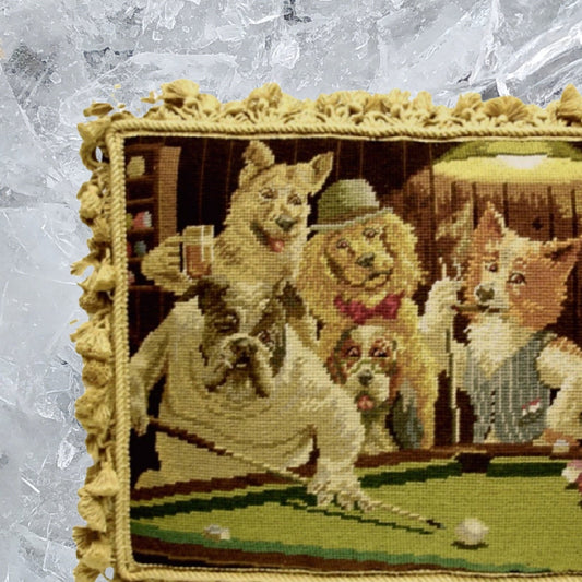 Handmade Wool Needlepoint Pillow Cover - Decorative Throw Cushion Cover - Vintage Floral Embroidery Design dogs playing pool with tassel