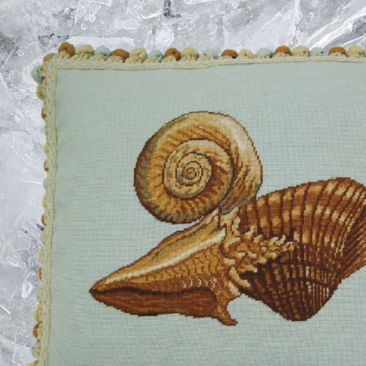 Handmade Wool Needlepoint Pillow Cover - Decorative Throw Cushion Cover - Vintage Floral Embroidery Design blue background fan shell and other sea shells with tassels