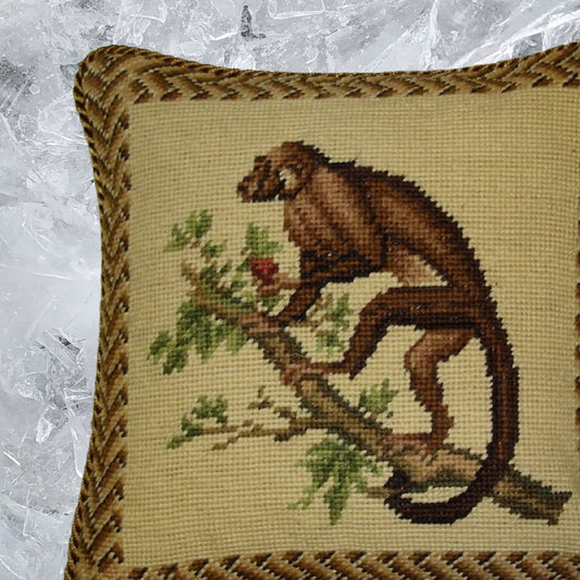 Handmade Wool Needlepoint Pillow Cover - Decorative Throw Cushion Cover - Vintage Floral Embroidery Design monkey holding the peach