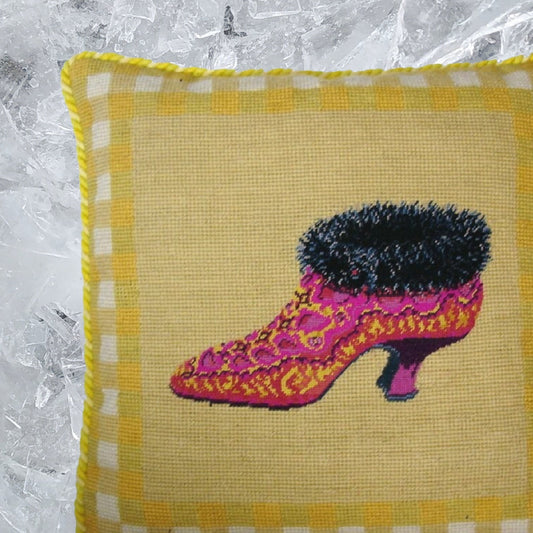 Handmade Wool Needlepoint Pillow Cover - Decorative Throw Cushion Cover - Vintage Floral Embroidery Design fur shoe yellow background with 2 color cording