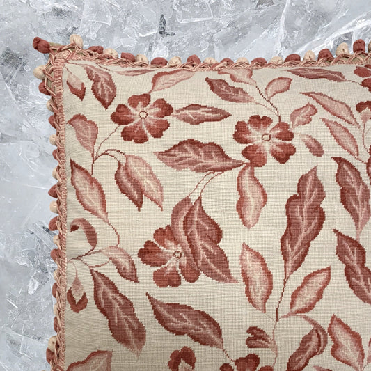 Handmade Wool Needlepoint Pillow Cover - Decorative Throw Cushion Cover - Vintage Floral Embroidery Design red leaves with tassel