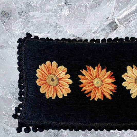 Handmade Wool Needlepoint Pillow Cover - Decorative Throw Cushion Cover - Vintage Floral Embroidery Design3 daisies black background back tassel