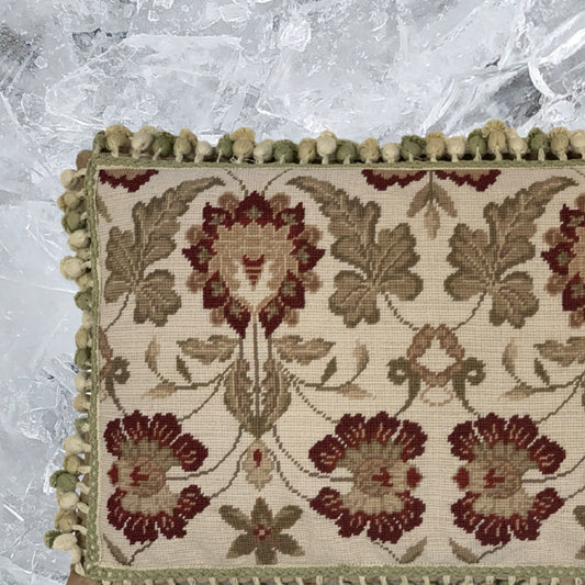 Handmade Wool Needlepoint Pillow Cover - Decorative Throw Cushion Cover - Vintage Floral Embroidery Designleaves red flowers with 3 color tassels