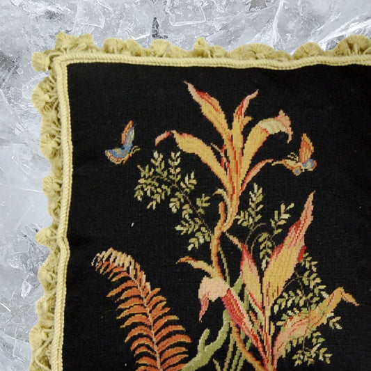 Handmade Wool Needlepoint Pillow Cover - Decorative Throw Cushion Cover - Vintage Floral Embroidery Design tropical fern 2 blue butterflies black background with tassels