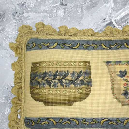 Handmade Wool Needlepoint Pillow Cover - Decorative Throw Cushion Cover - Vintage Floral Embroidery Design French antique bowl set with tassels