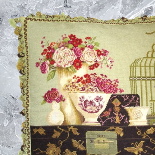 Handmade Wool Needlepoint Pillow Cover - Decorative Throw Cushion Cover - Vintage Floral Embroidery Design Kathryn White Design I