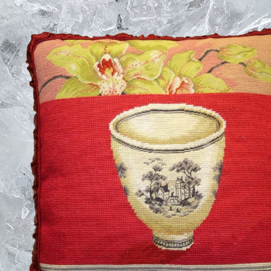 Handmade Wool Needlepoint Pillow Cover - Decorative Throw Cushion Cover - Vintage Floral Embroidery Design Kathryn White Design O