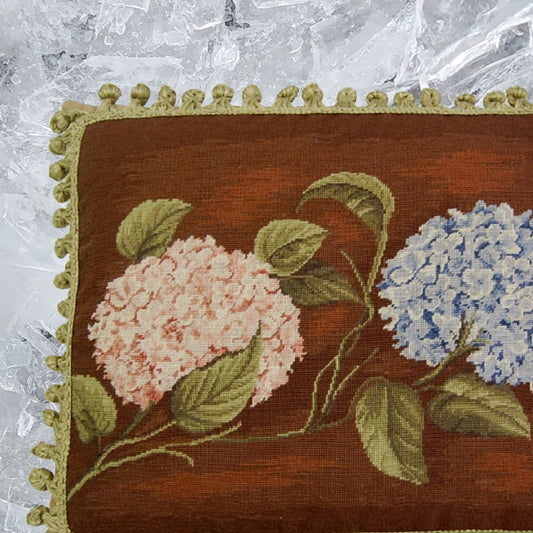 Handmade Wool Needlepoint Pillow Cover - Decorative Throw Cushion Cover - Vintage Floral Embroidery Design brown background pink & blue hydrangea with tassels