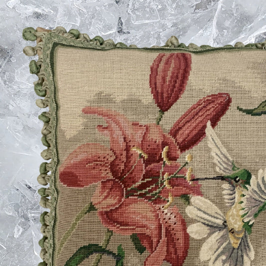Handmade Wool Needlepoint Pillow Cover - Decorative Throw Cushion Cover - Vintage Floral Embroidery Designhumming bird at side of pink lily with 2 color tassel