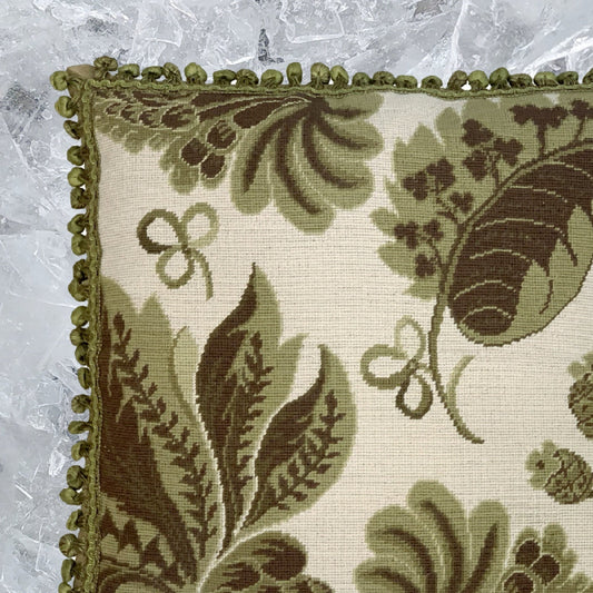 Handmade Wool Needlepoint Pillow Cover - Decorative Throw Cushion Cover - Vintage Floral Embroidery Design olive-brown tropical leaves with tassels