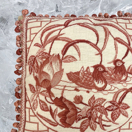 Handmade Wool Needlepoint Pillow Cover - Decorative Throw Cushion Cover - Vintage Floral Embroidery Design red Mandarin Ducks lotus flower with tassels