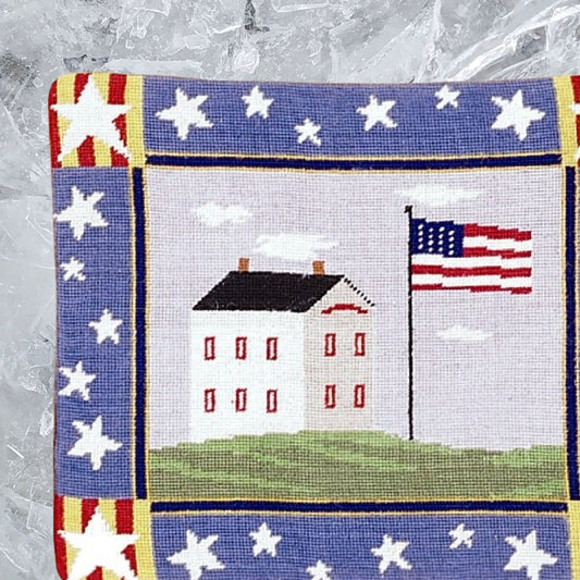 Handmade Wool Needlepoint Pillow Cover - Decorative Throw Cushion Cover - Vintage Floral Embroidery Design house & flag 4 stars on the 4 corner