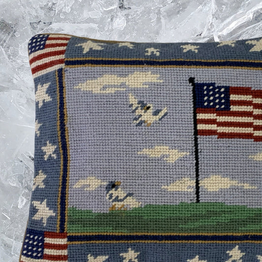 Handmade Wool Needlepoint Pillow Cover - Decorative Throw Cushion Cover - Vintage Floral Embroidery Design center flag & 4 flags on 4 corners