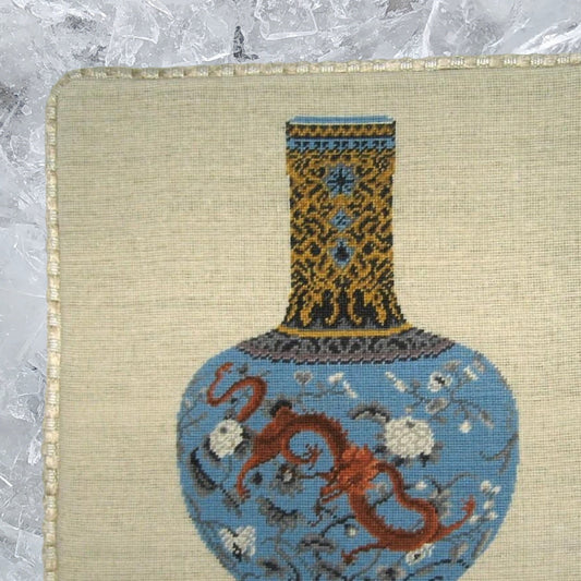 Handmade Wool Needlepoint Pillow Cover - Decorative Throw Cushion Cover - Vintage Floral Embroidery Design Ming dynasty dragon blue vast with cording