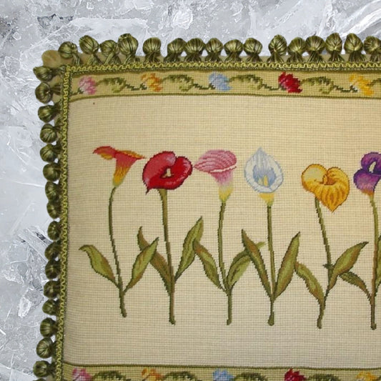 Handmade Wool Needlepoint Pillow Cover - Decorative Throw Cushion Cover - Vintage Floral Embroidery Design with 2 color tassel I