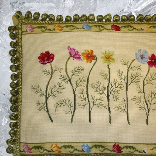 Handmade Wool Needlepoint Pillow Cover - Decorative Throw Cushion Cover - Vintage Floral Embroidery Design with 2 color tassel II