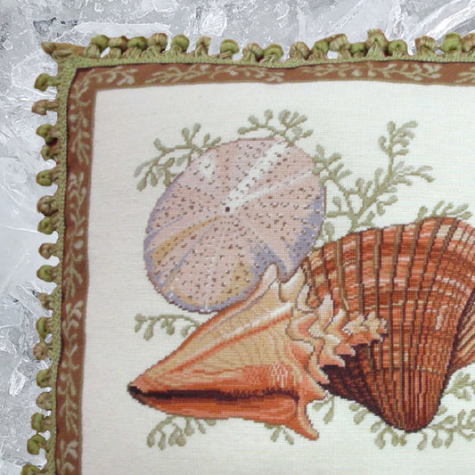 Handmade Wool Needlepoint Pillow Cover - Decorative Throw Cushion Cover - Vintage Floral Embroidery Design Wendy Russells Shell-1 with tassel