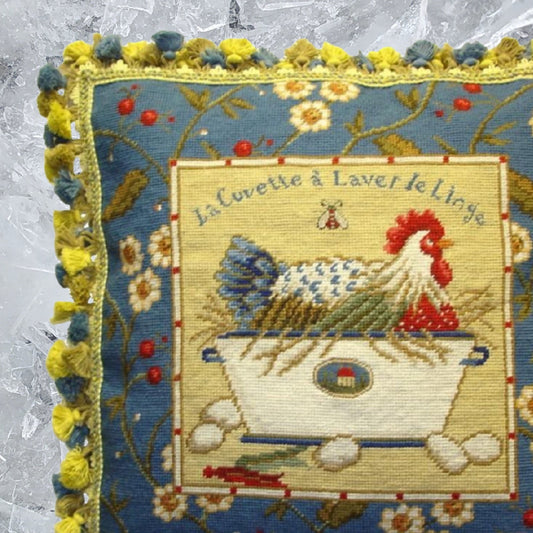 Handmade Wool Needlepoint Pillow Cover - Decorative Throw Cushion Cover - Vintage Floral Embroidery Design Sudi McCollums designLa Cuvette a Laver le Linge with bee and 3 color tassel