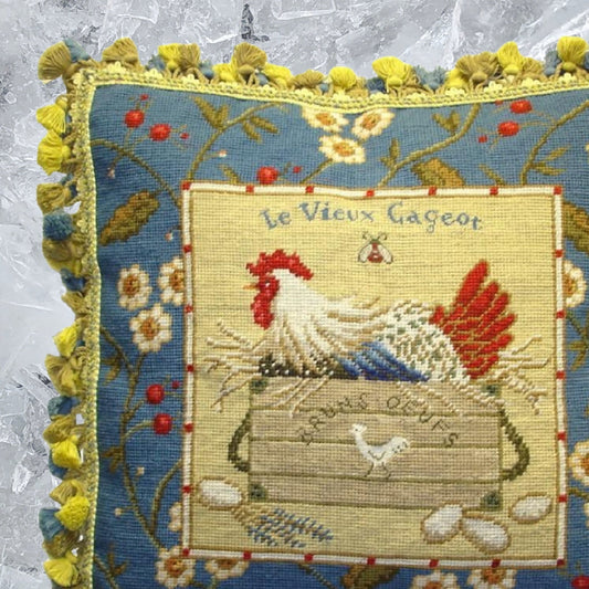 Handmade Wool Needlepoint Pillow Cover - Decorative Throw Cushion Cover - Vintage Floral Embroidery Design Sudi McCollums designLe Vieux Cageot with bee and 3 color tassel