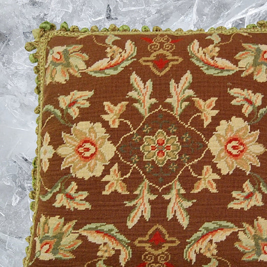 Handmade Wool Needlepoint Pillow Cover - Decorative Throw Cushion Cover - Vintage Floral Embroidery Design milk chocolate background 3 big flowers center with tassels
