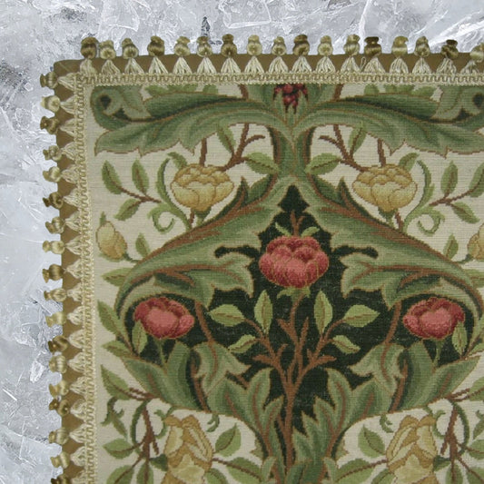 Handmade Wool Needlepoint Pillow Cover - Decorative Throw Cushion Cover - Vintage Floral Embroidery Design old roses dark green center with tassels