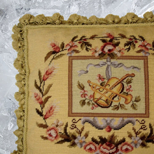 Handmade Wool Needlepoint Pillow Cover - Decorative Throw Cushion Cover - Vintage Floral Embroidery Design big Viola and Trumpet background