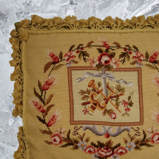 Handmade Wool Needlepoint Pillow Cover - Decorative Throw Cushion Cover - Vintage Floral Embroidery Design Harp background