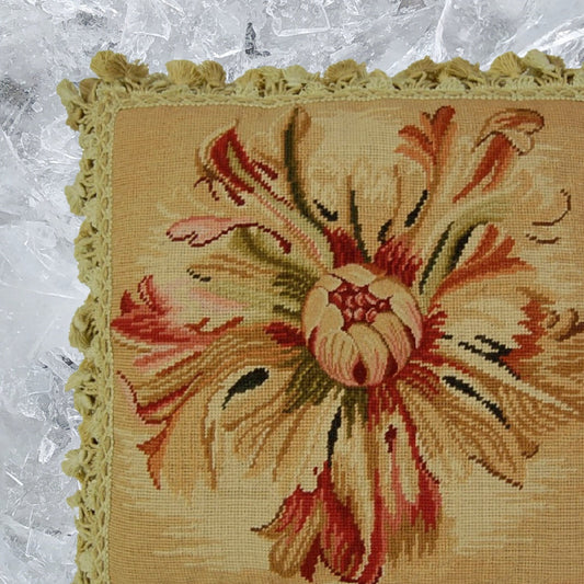 Handmade Wool Needlepoint Pillow Cover - Decorative Throw Cushion Cover - Vintage Floral Embroidery Design Corn Flower center with tassel