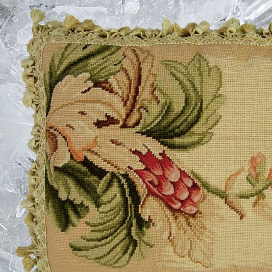 Handmade Wool Needlepoint Pillow Cover - Decorative Throw Cushion Cover - Vintage Floral Embroidery Design Corn blooming side with tassel