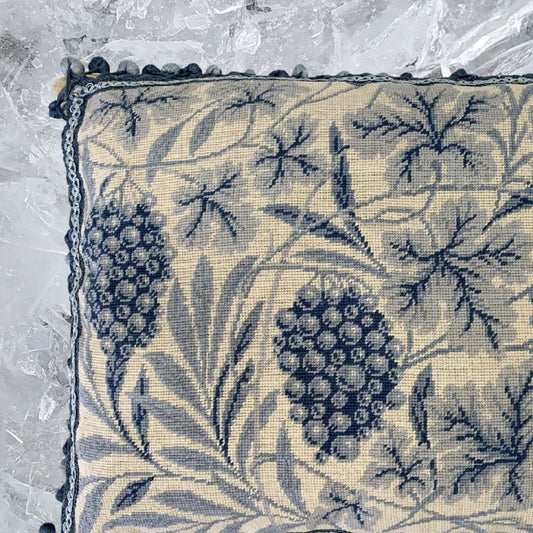 Handmade Wool Needlepoint Pillow Cover - Decorative Throw Cushion Cover - Vintage Floral Embroidery Design William Morris grapes with tassels