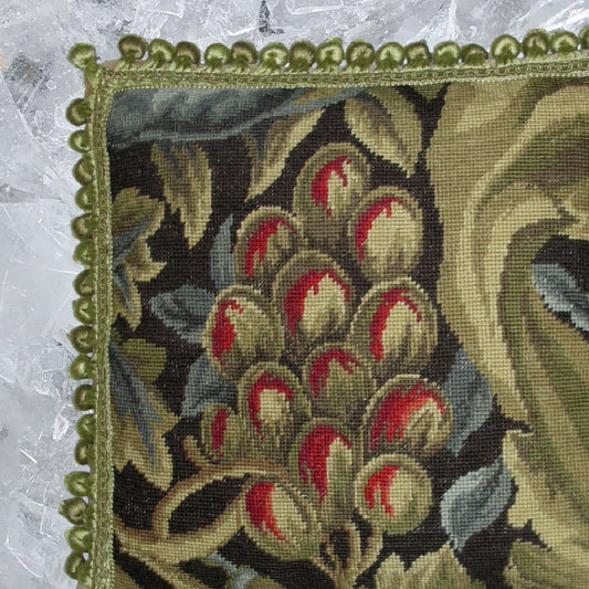 Handmade Wool Needlepoint Pillow Cover - Decorative Throw Cushion Cover - Vintage Floral Embroidery Design William Morris red fruit with tassels